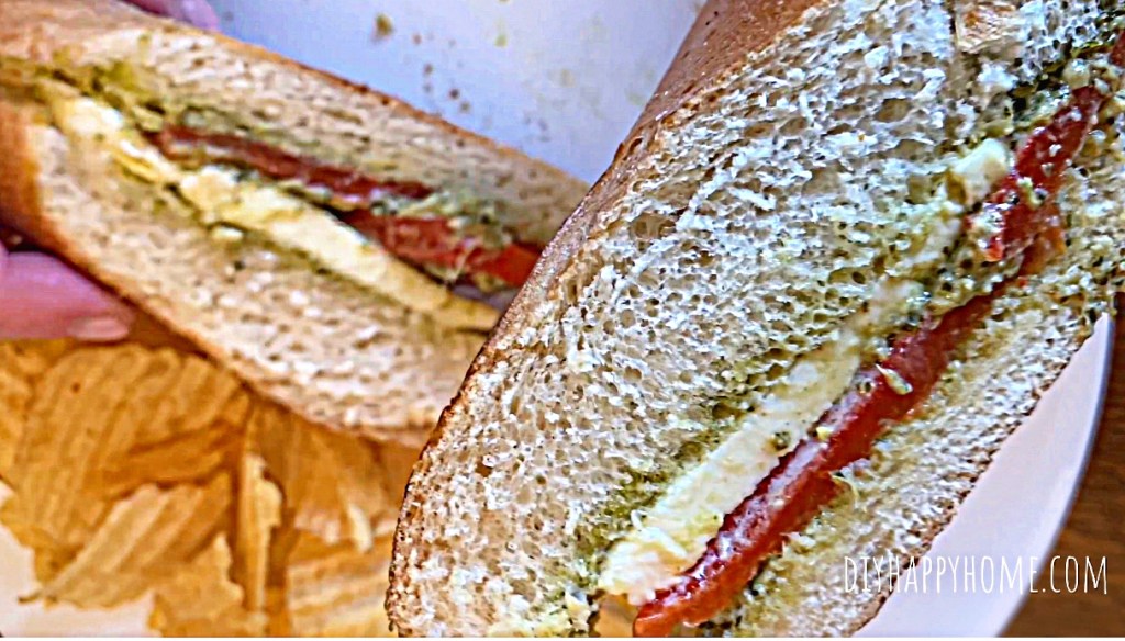 Fresh Mozzarella, Roasted Red Pepper, and Pesto Sandwich ready to eat!