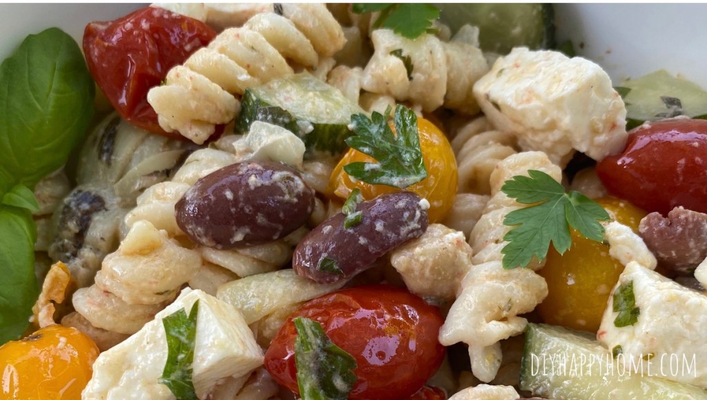 Pasta Salad with Roasted Grape Tomatoes, Feta, and Fresh Lemon Herb Tahini Dressing