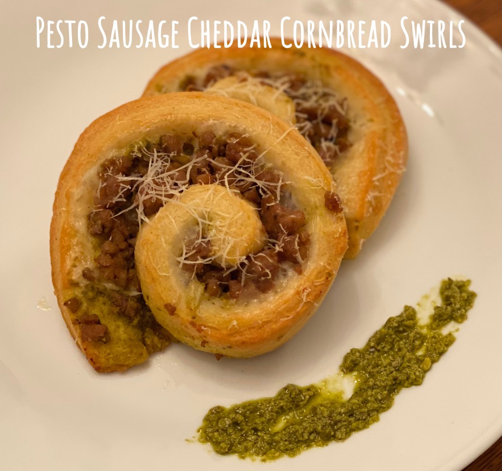 Pesto Sausage Cheddar Cornbread Swirls